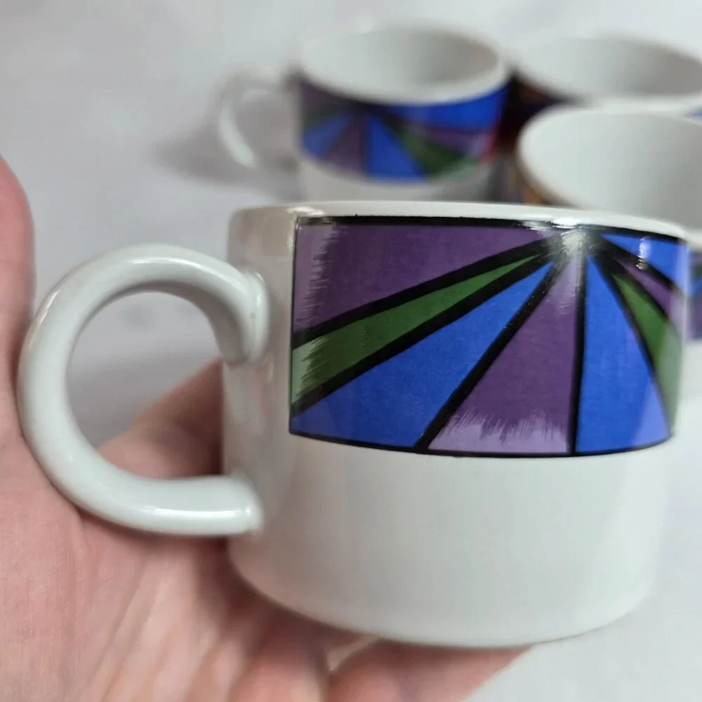 FOUR Sakura Sunset Mountain Flat Cups White with Multicolor Border
